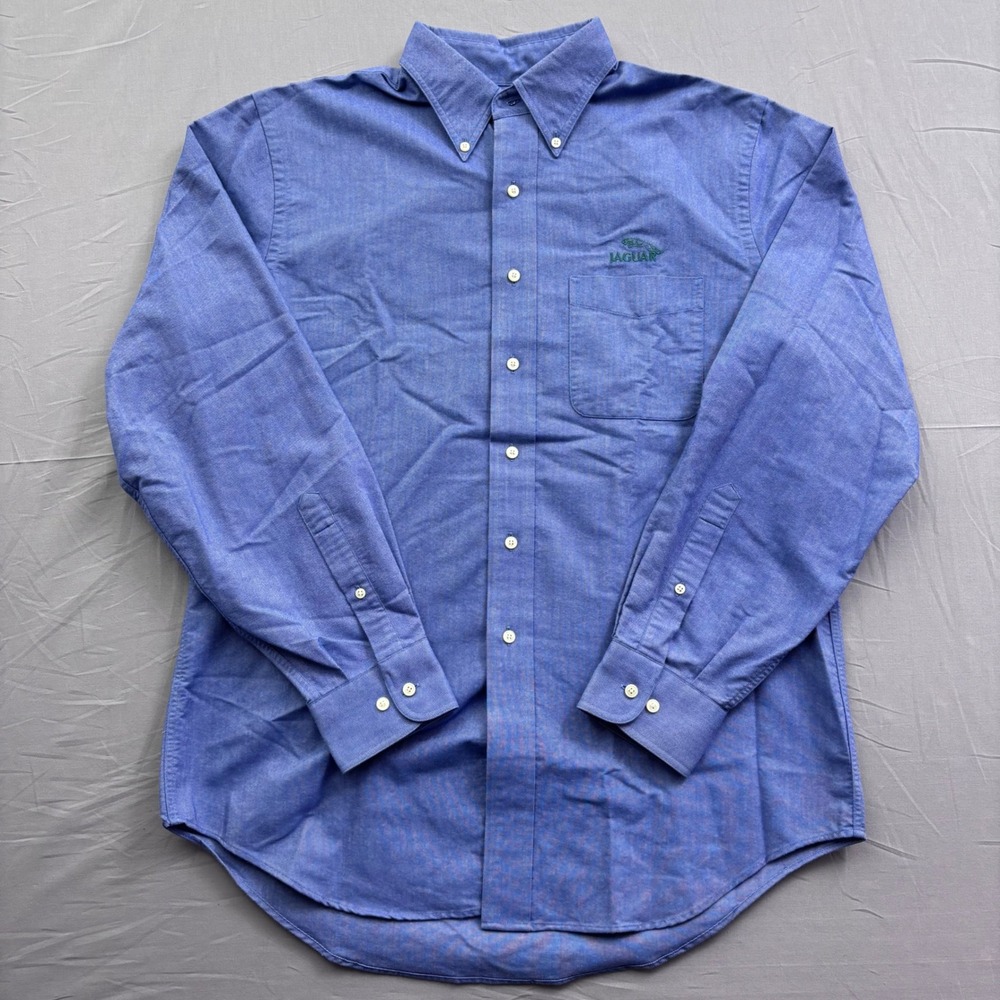 Vintage Lands End Mens Blue Oxford Shirt Jaguar Logo‎ Button Down Medium 15-15.5